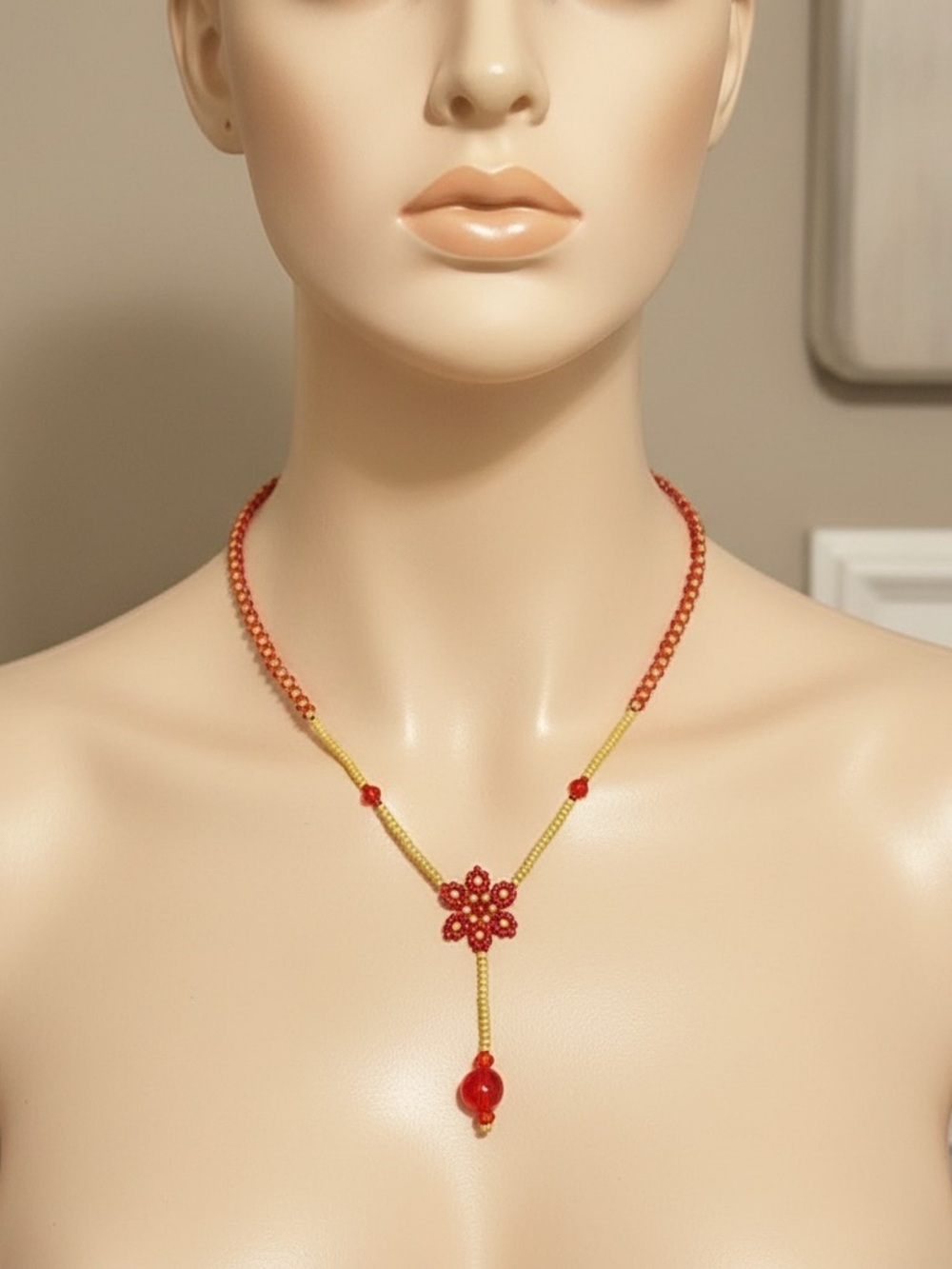 Handcrafted Red Beaded Flower Y-Necklace